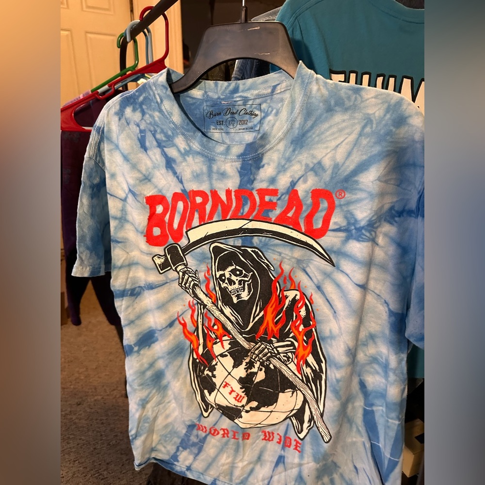 Born dead blue tie dye tshirt with grim reaper